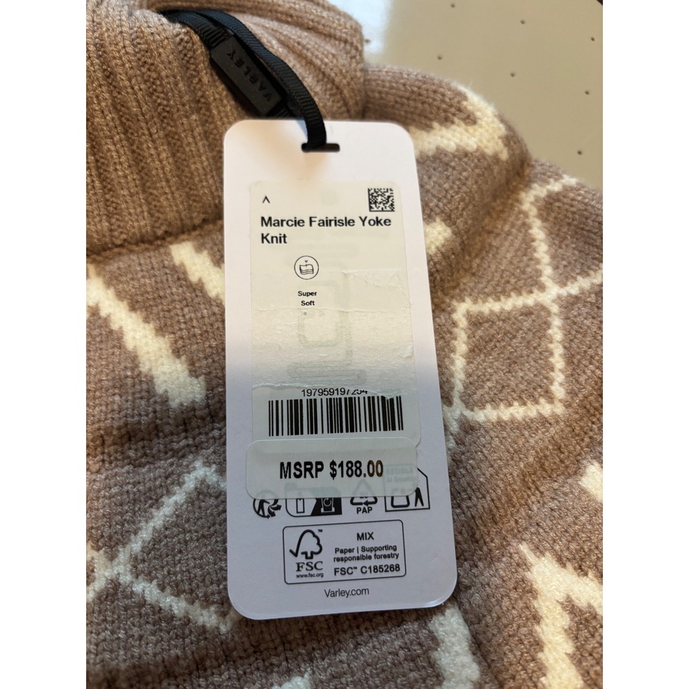 Varley Marcie Fairisle Yoke Knit Sweater Mushroom Brown White Mock Neck S NWT - Picture 5 of 6